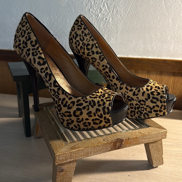 Express Calf Hair Leopard Print Platform Heels - Picture 2 of 6